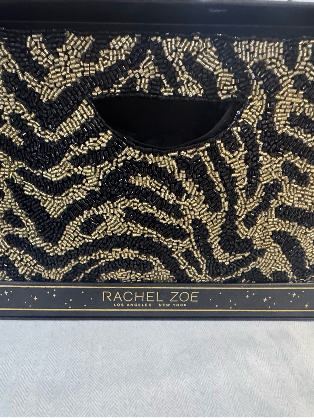 Rachel Zoe Black and Gold Beaded Zebra Clutch
